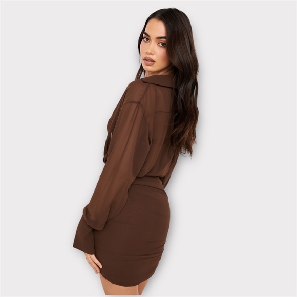 HOUSE of CB Small NWT CLEO Chocolate Chiffon Shirt Dress - Picture 7 of 16